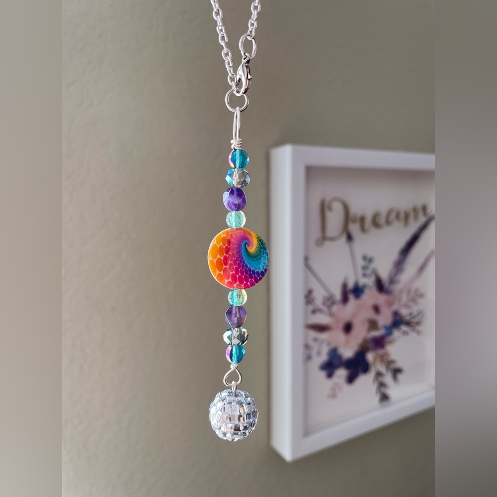 Brand New Handmade Handcrafted Car Rearview Mirror Charm Disco Ball Tie Dye
